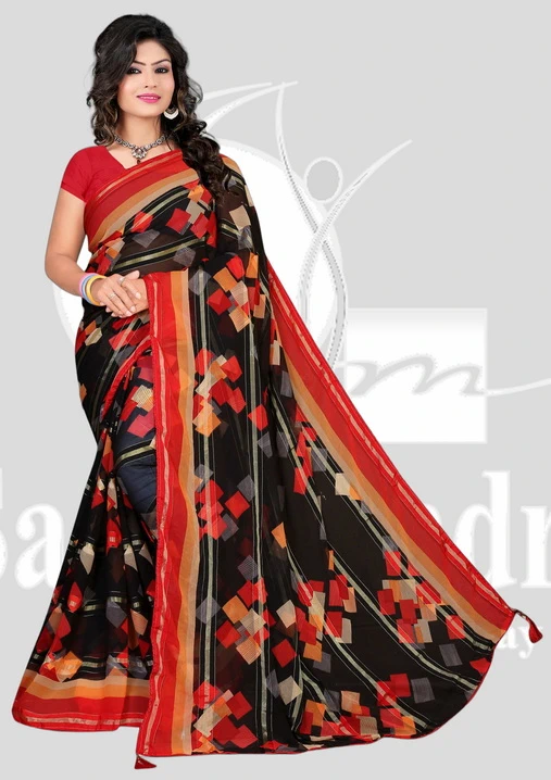 Wetless Printed Saree with Satin Patta & Piping - BW - Red Mix